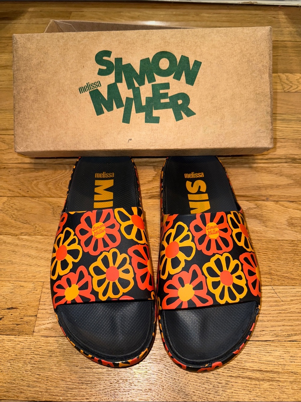 Simon Miller Melissa Black Slides with Orange and Yellow Floral Print